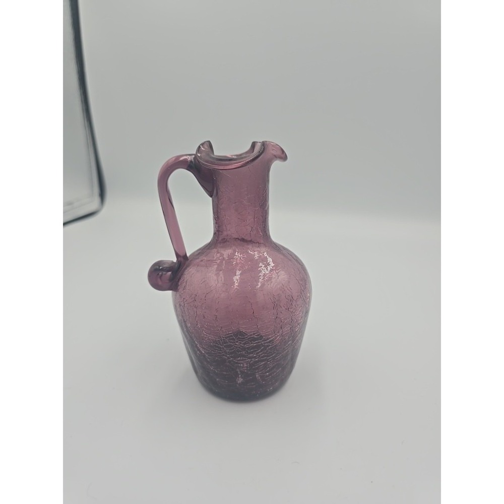 Crackle Glass Purple Pitcher, Ruffle Top, Vintage 4.5" Applied Handle, Pontil
